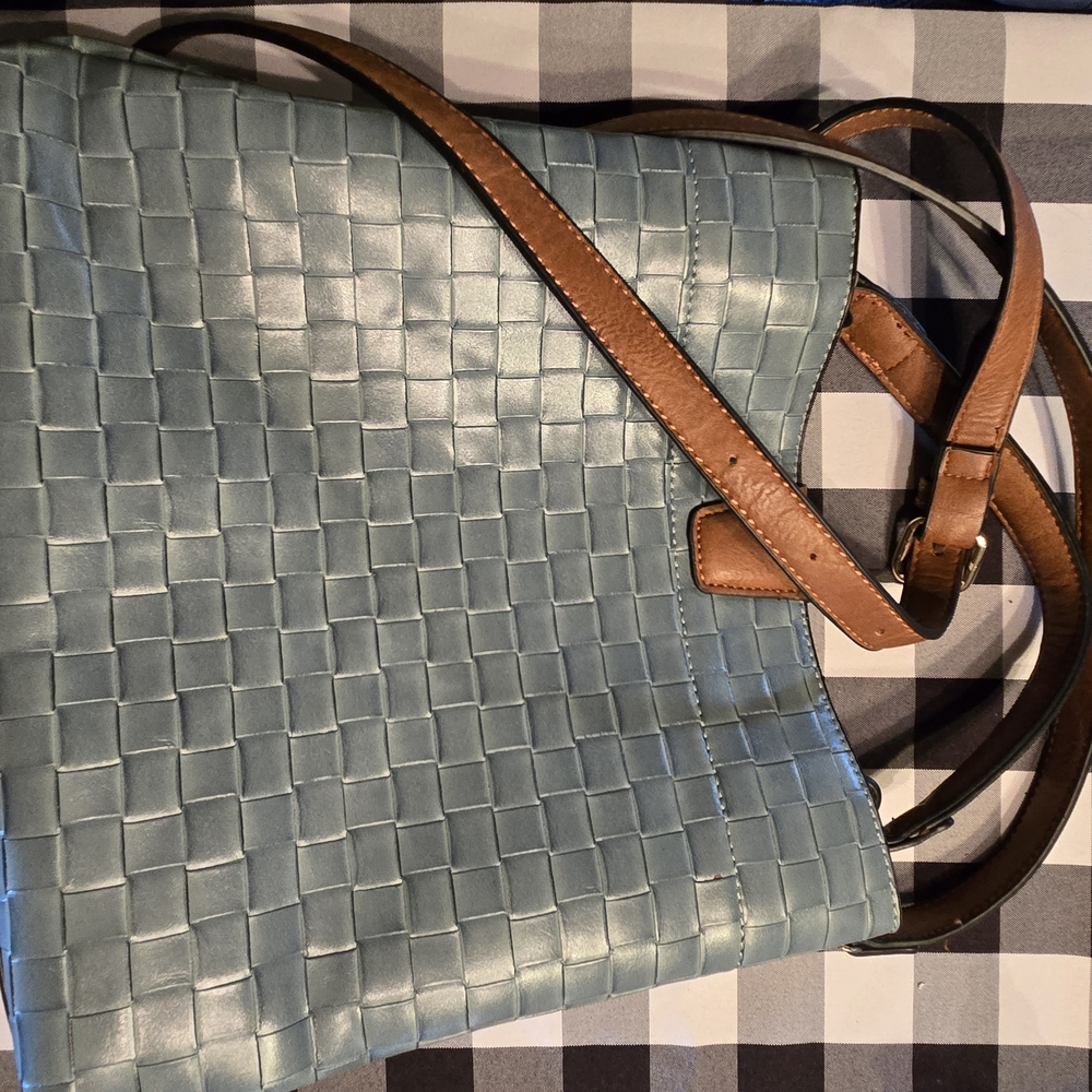 Woven Vegan Leather Shoulder Bag - Blue and Brown